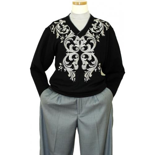Prestige Black With Silver Grey Embroidered Paisley Design V-Neck Knitted Sweater